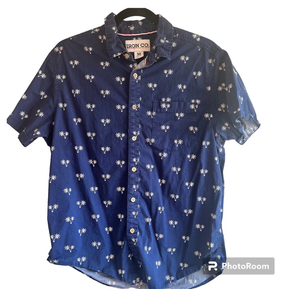 Iron Co. Men's Navy blue white palm tree button front short sleeve tshirt Medium